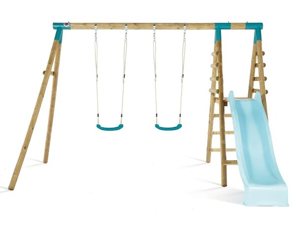 Plum Roloway Wooden Swing with Deck and 8ft Green Slide